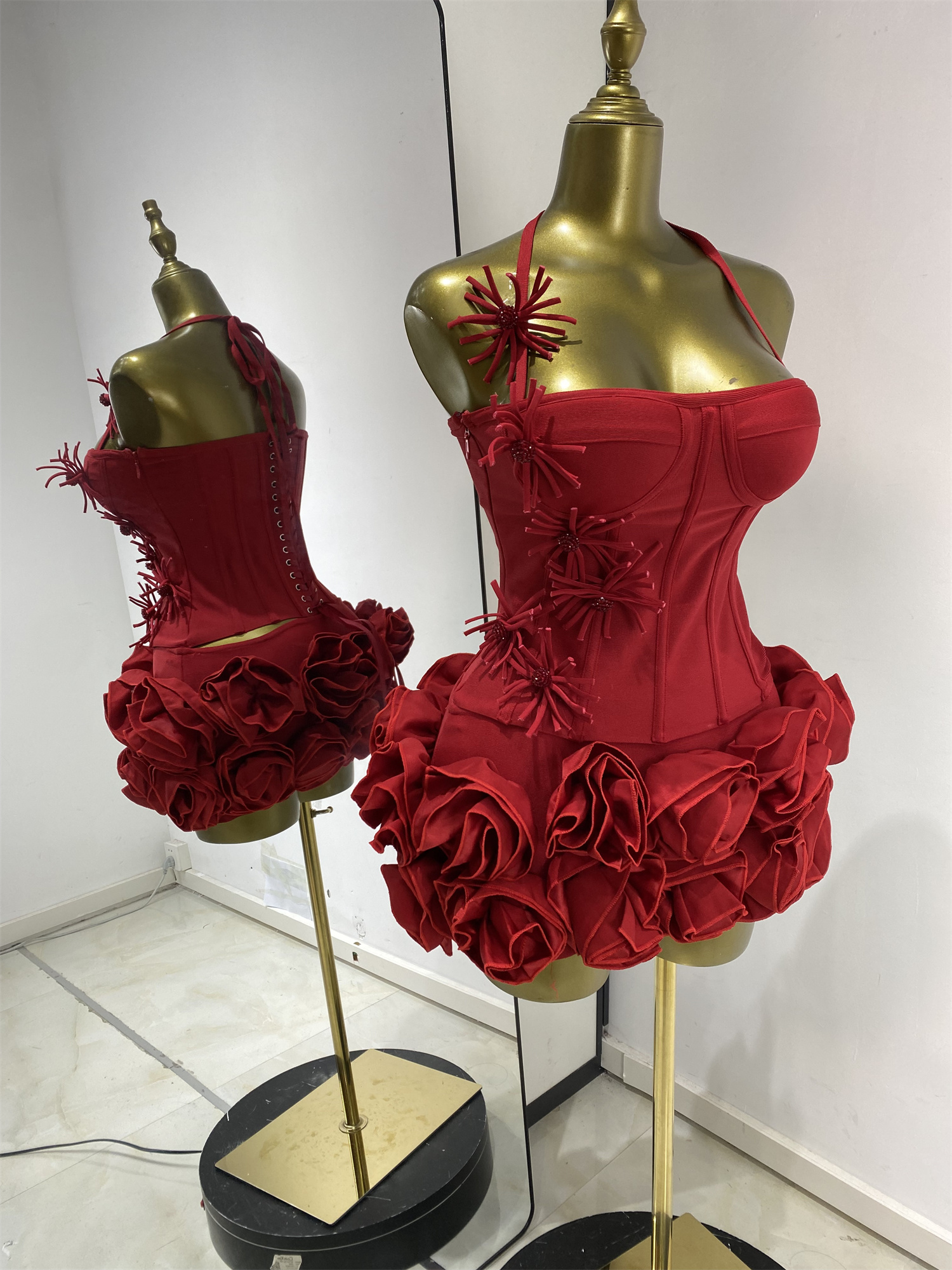 Tenues d'anniversaire noires pour femmes, ensemble deux pièces avec haut corset halter et mini-jupe rose, robe de soirée de célébrité pour club et fête