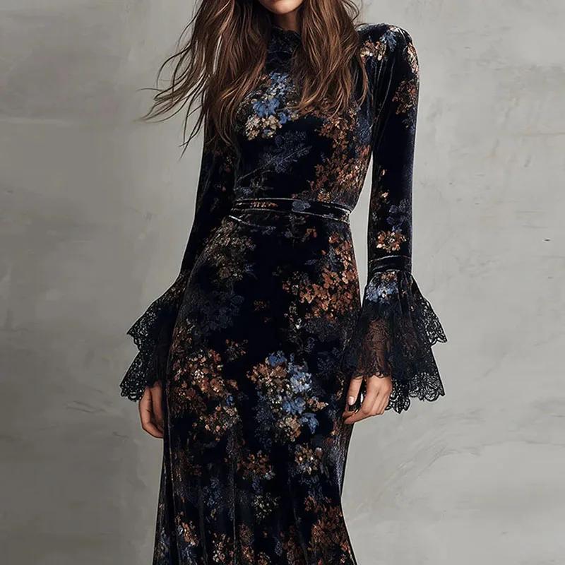 Robe longue en velours à imprimé floral rétro BWQ pour femme, robe de soirée sexy à col rond et taille haute, robe maxi à manches longues et dentelle pour l'automne