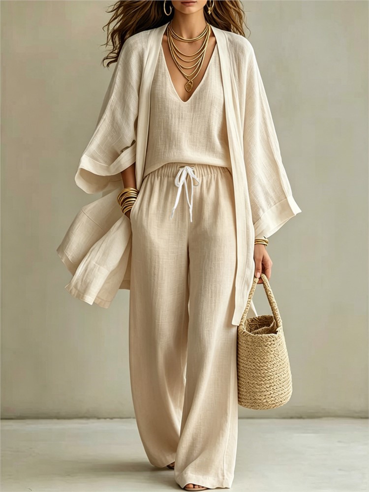 Ensemble trois pièces pour femmes, été, nouveau, couleur unie, décontracté, coton et lin, cardigan à manches trois-quarts, gilet sans manches, pantalon long