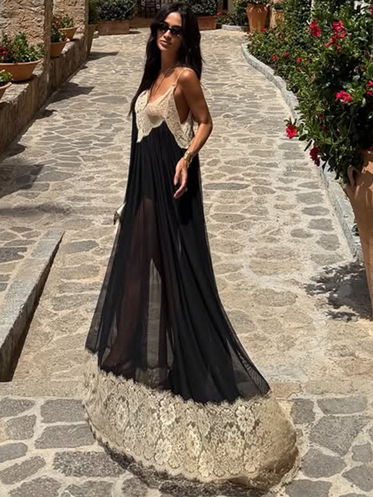 Nibber Dos Nu Robe Femmes Sexy Jacquard Patchwork Mode Voir À Travers Col Bas Sans Manches Tendance Fête De Vacances Longue Bodyocn