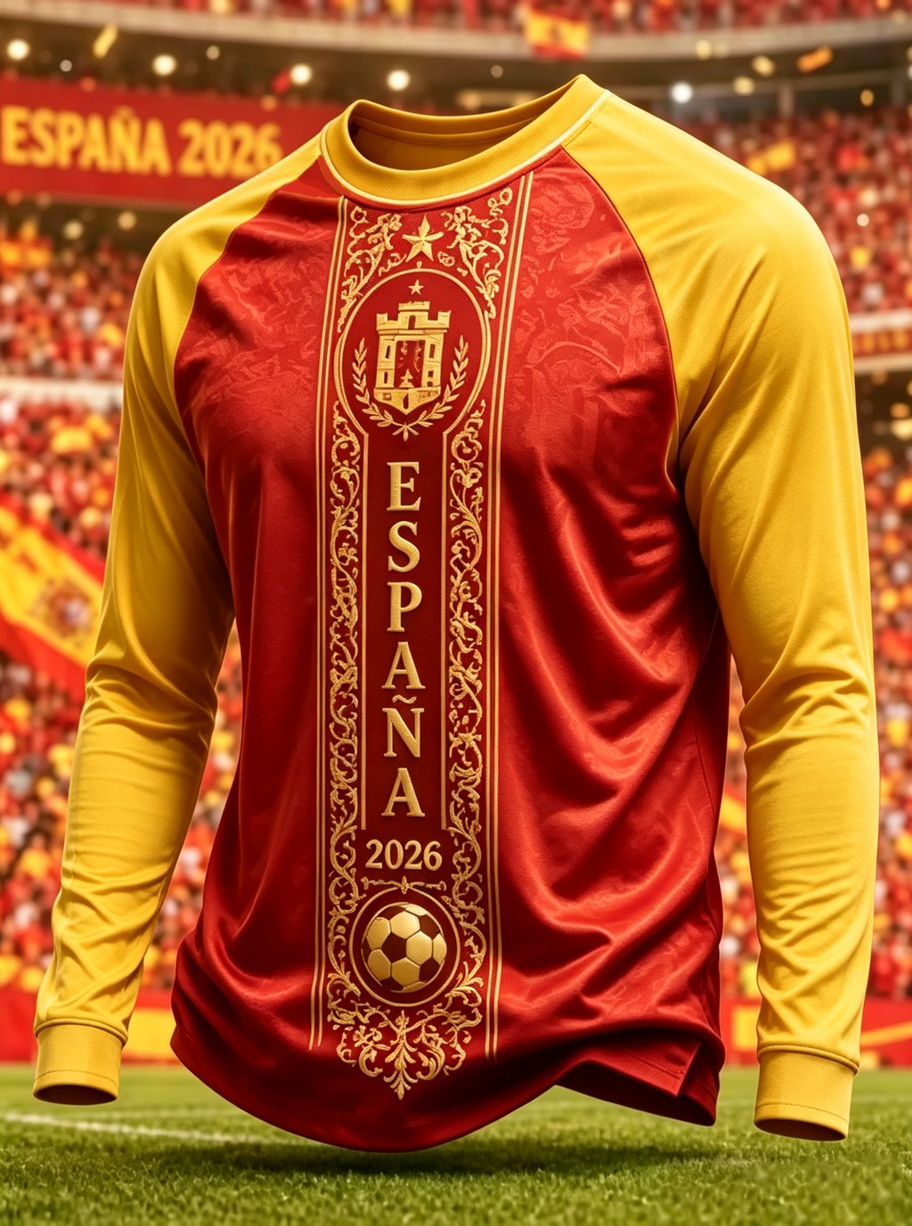 Maillot de football unisexe à manches longues Espagne 2026 pour adultes et enfants, impression dorée en relief, séchage rapide, 2 styles de manches