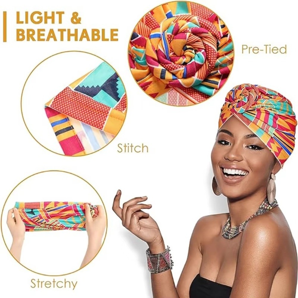 Bonnet Hijab Plissé à Nœud Torsadé Style Turban Imprimé Africain Tendance, Chapeau Élastique Noué, Foulard Floral Polyvalent Décoratif