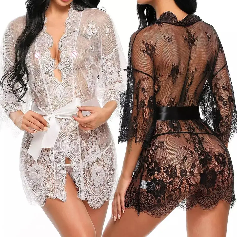 Lingerie sexy pour femmes, robe de nuit transparente en dentelle à col en V, babydoll, robe de nuit, string, costume kimono, vêtements de nuit