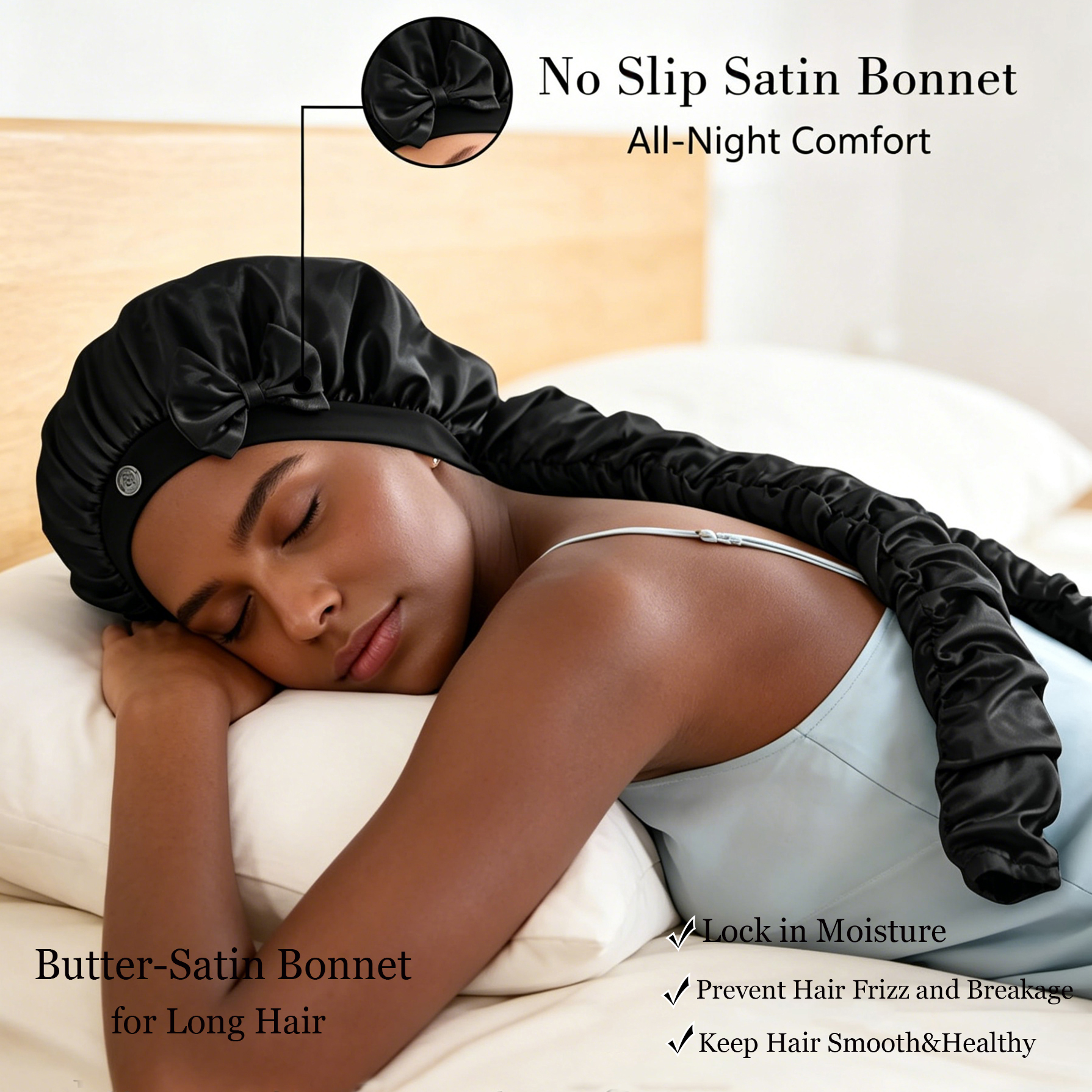 Bonnet en satin sans chaleur pour dormir, bonnet de nuit antidérapant avec longs rubans bouclants pour tresses et cheveux longs