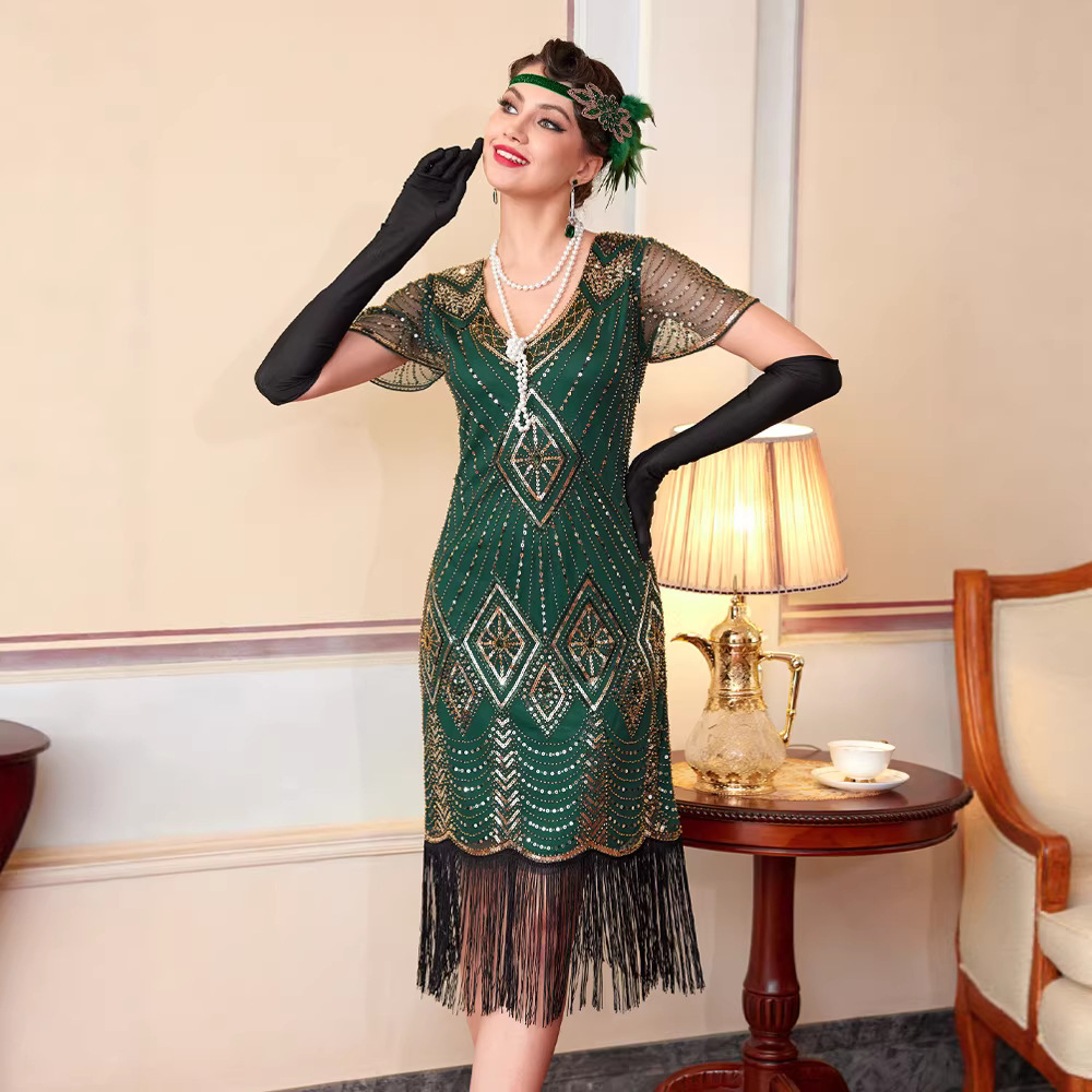 Robe de soirée Charleston des années 20 pour femme, bordeaux, col en V, sequins et franges, costume style Great Gatsby, robe de bal Art Déco des années 1920
