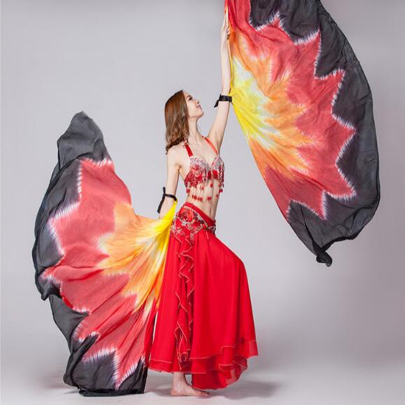 Voile de danse orientale 100% soie, paire d'ailes Isis avec bâton, accessoires de spectacle sur scène, teinture par nouage, photographie demi-cercle
