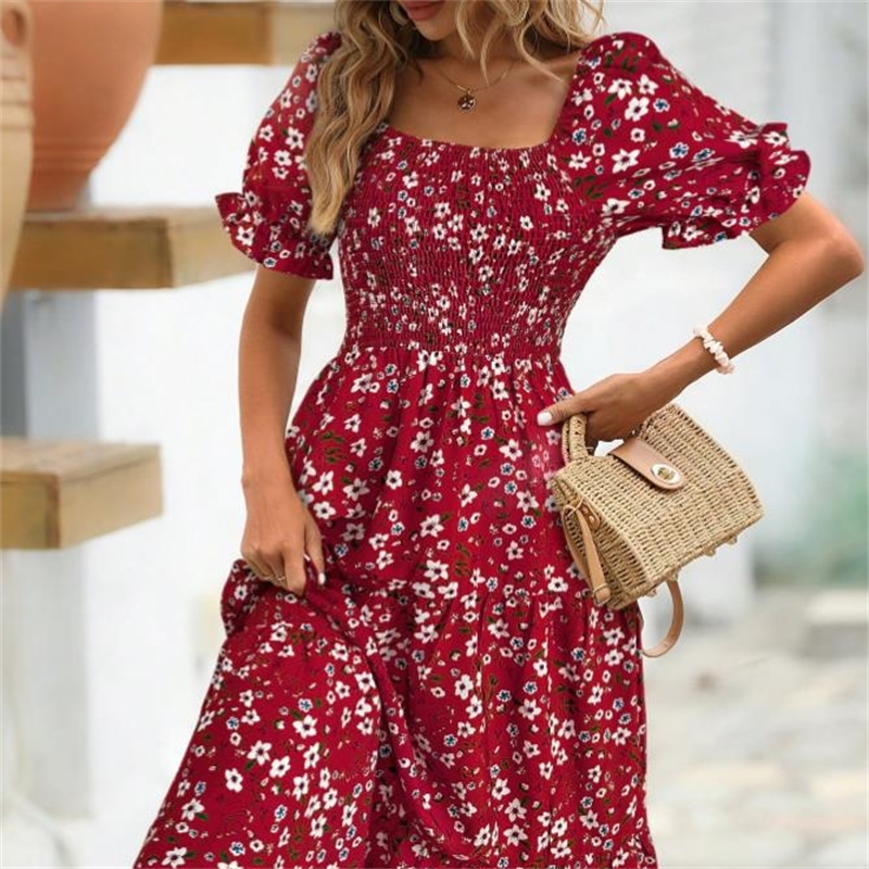 Robe de printemps et d'été pour femmes, jupe florale imprimée, col carré, manches bulles, taille haute, jupe trapèze superposée, Style doux, tendance