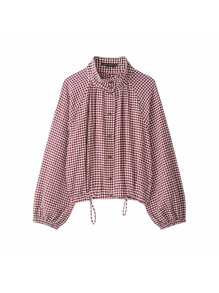 Veste courte à carreaux vintage pour femme, col montant avec ourlet à cordon, manches longues, manteau boutonné, manteau décontracté d'automne pour femme ﻿