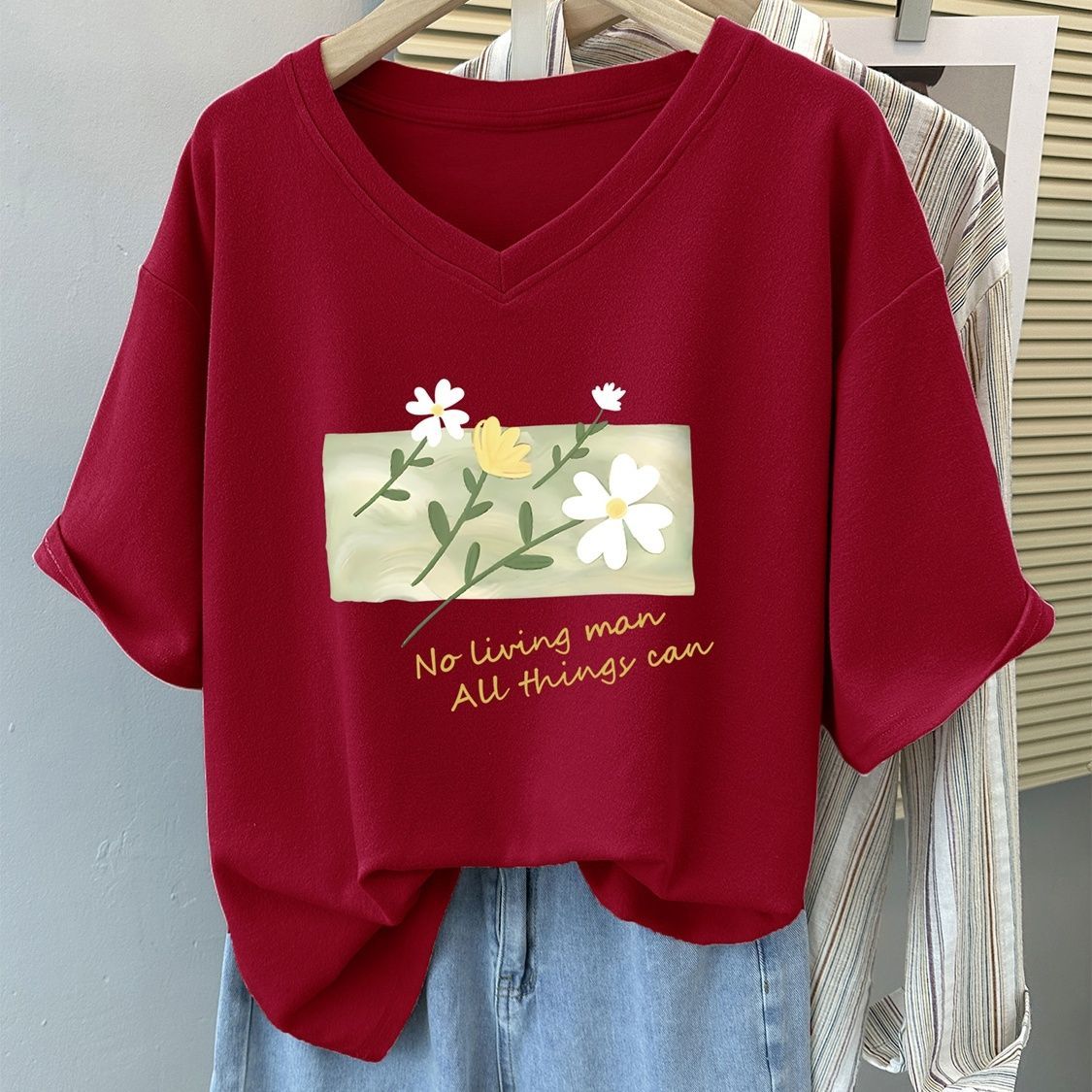 T-shirt d'été en coton à motif dessin animé pour femme, col en V, grande taille XL-6XL (jusqu'à 150 kg), haut décontracté pour femme