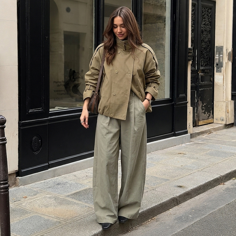 Veste Trench Courte Utilitaire pour Femme, Coupe Décontractée, Col Montant, Épaulettes, Double Boutonnage, Manteau Court, Vêtement d'Extérieur Urbain