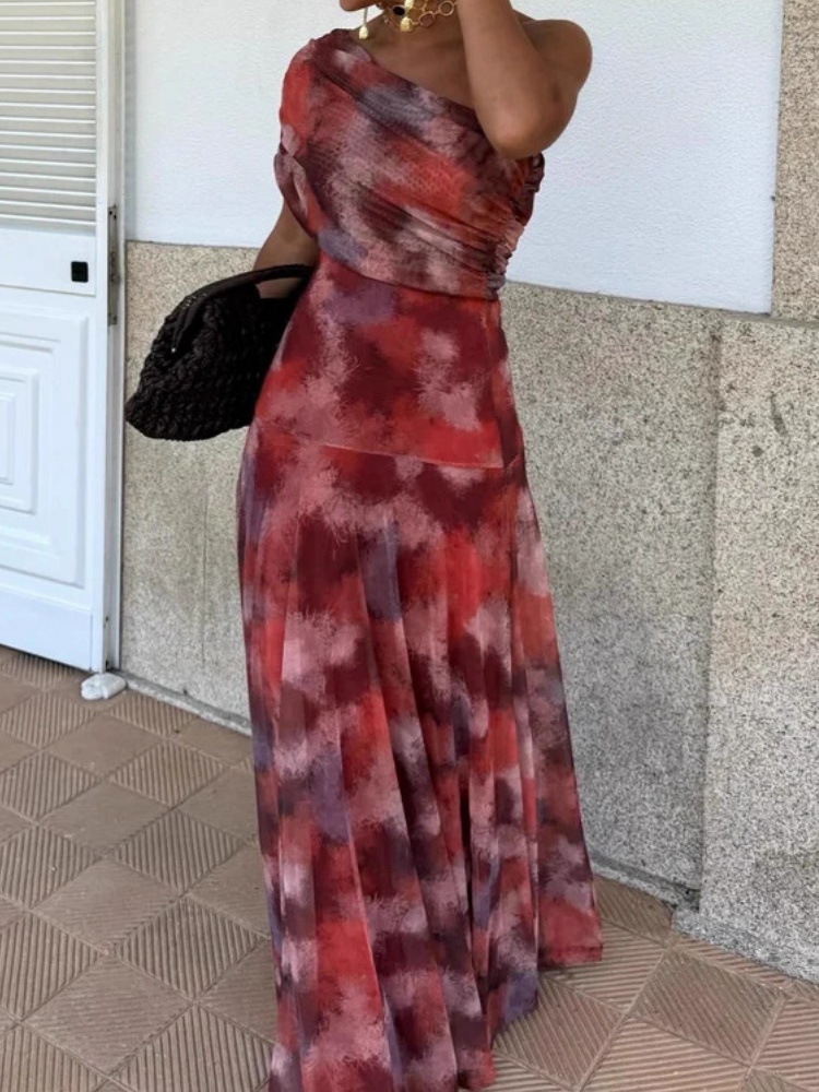 Robe longue imprimée bohème chic à une épaule pour femme, dos nu, décontractée, ajourée, pour soirée estivale