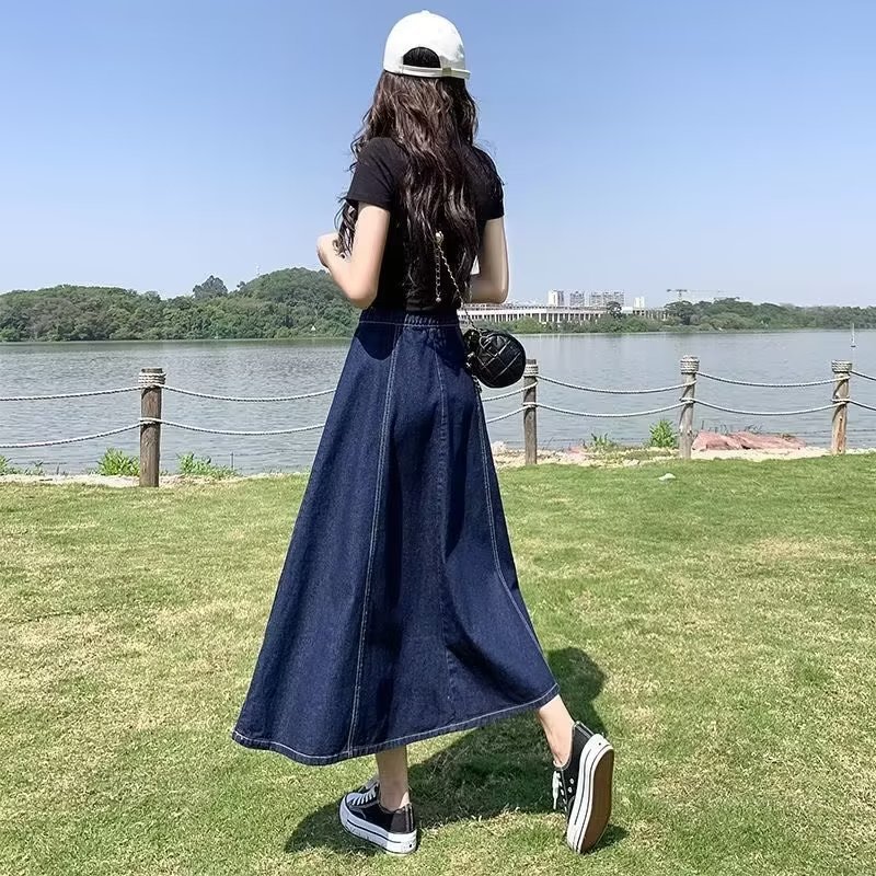 Jupe midi en jean pour femme, style coréen, taille haute, coupe trapèze, taille élastique, en denim délavé vintage, décontractée, longue