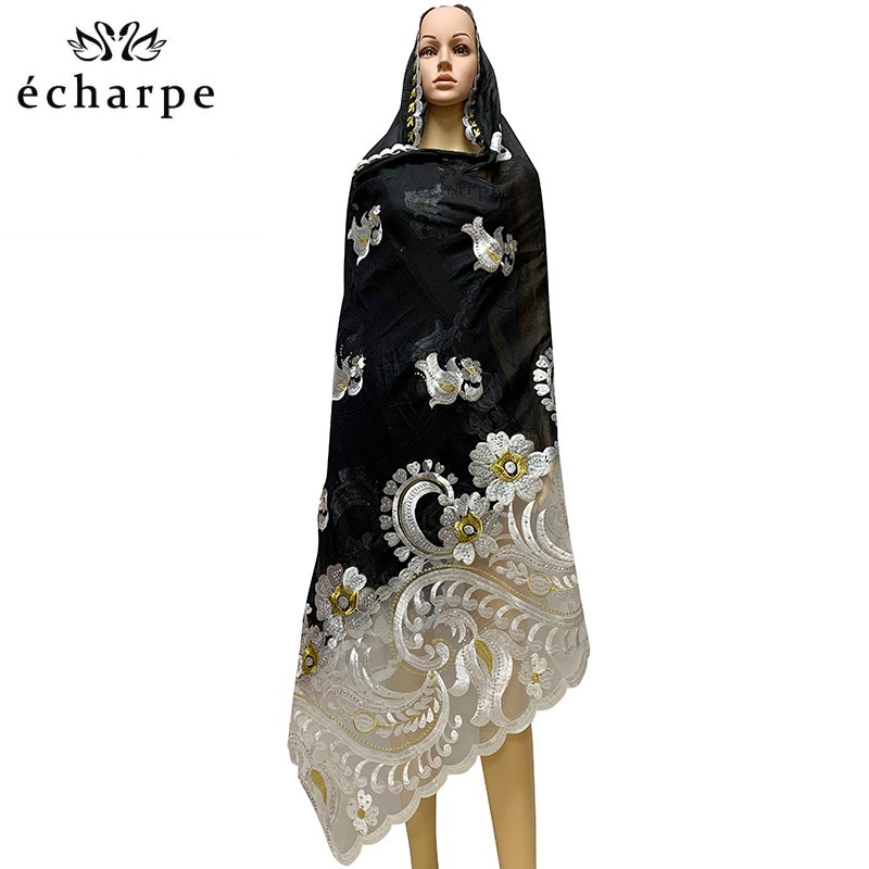 Nouveau foulard africain pour femmes, broderie en coton, avec empiècements en filet, hijab pour femmes, grande taille, foulard en pashmina EC921