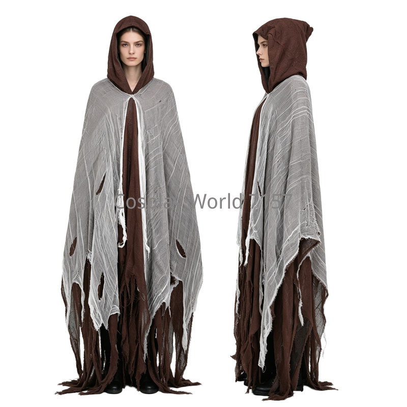 Cape de déguisement d'horreur pour adulte, style déchiré et usé, avec capuche, pour Halloween, zombie, sorcière, magicien, fête de carnaval