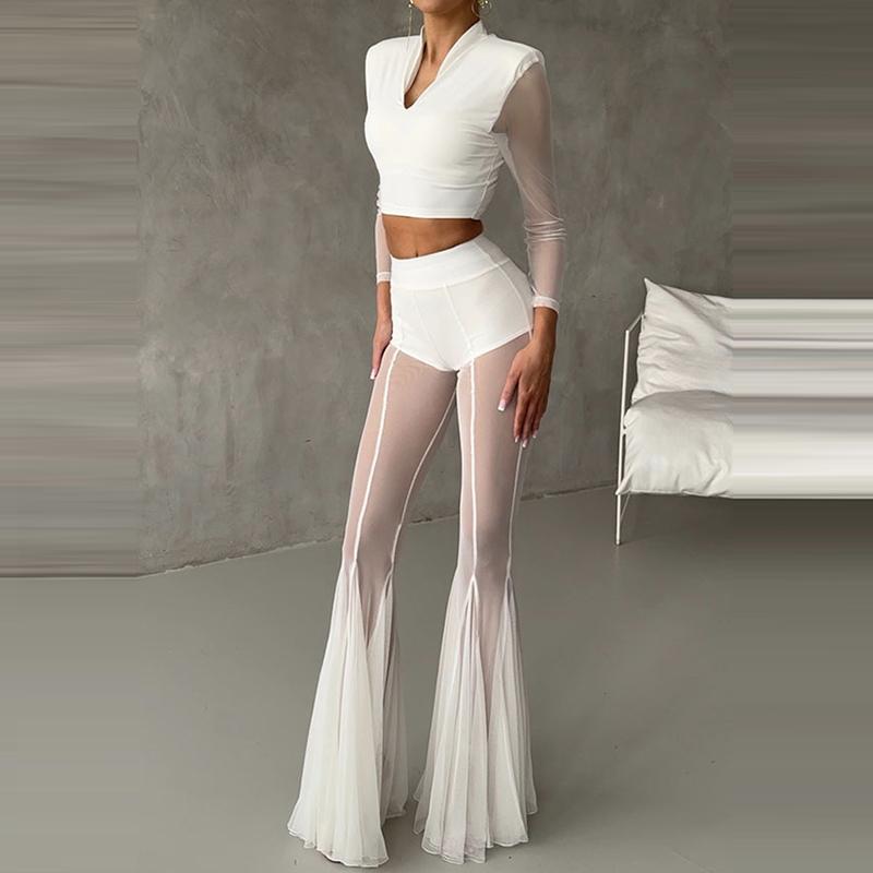 Pantalon droit Slim taille haute pour femmes, élégant, Sexy, transparent, évasé en maille, couleur unie, Long, pour les déplacements, été