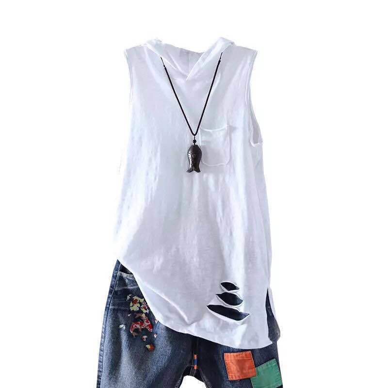 New Loose Hooded Sleeveless High Street Vest Summer Solid Loose Hole All-match Fashion T Shirt Tops Casual Trend Women Clothing