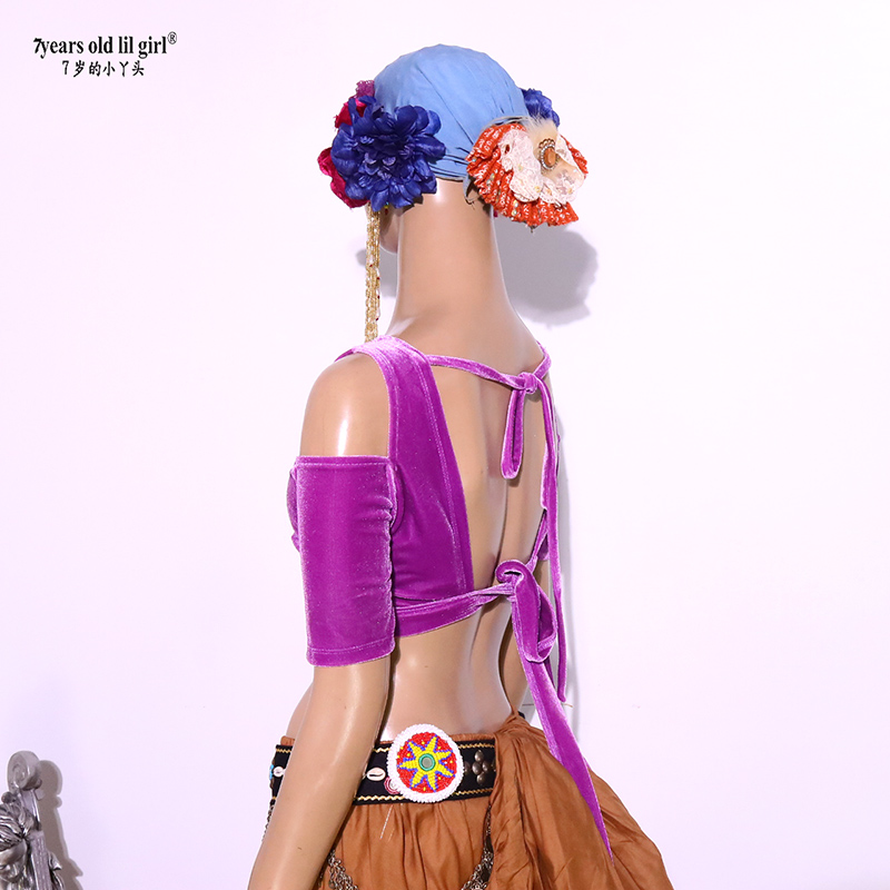 Costume de danse du ventre en velours Tribal Choli, haut à manches courtes pour femmes CJJ56