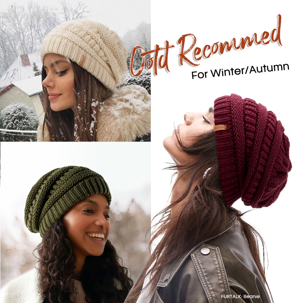 FURTALK hiver Satin doublé bonnet chapeau pour femmes câble tricot gros bonnets amples dame Double couche crâne casquette chaude mode