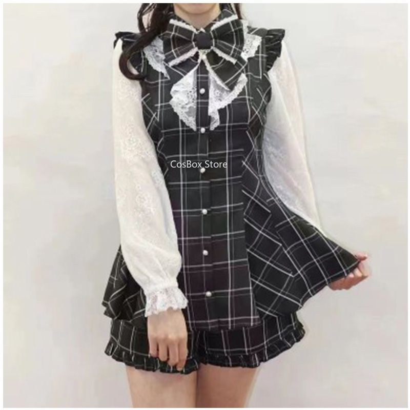 7 Styles Jirai Kei Robe à carreaux noirs avec nœud, dentelle, manches longues ou courtes, jupe, tenue Lolita Kawaii sombre et douce Ryousangata, style japonais