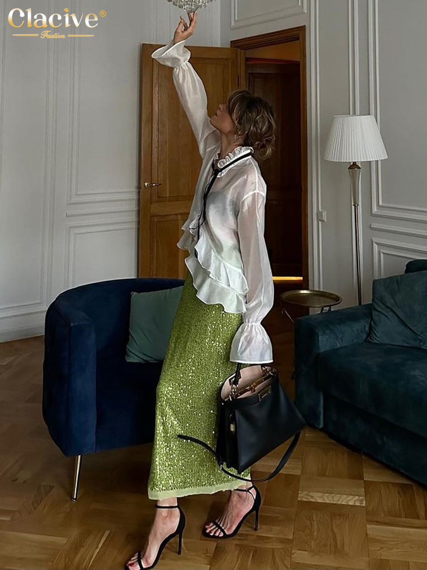 Clacive – chemise blanche ample et Sexy pour femmes, chemisiers à manches longues et col à volants, élégants, transparents, à la mode, 2024