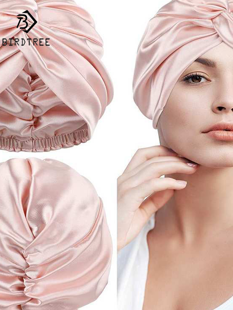 Bonnets en soie véritable à deux couches pour femmes, bonnet de nuit torsadé, bonnet en soie pure de 19 mm pour cheveux bouclés