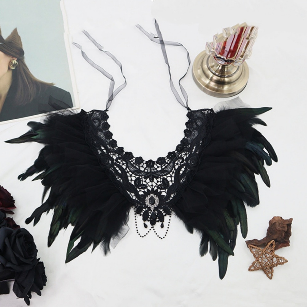 Châle gothique en dentelle brodée de plumes, cape de sorcière d'halloween, écharpe enveloppante de cou noire, Bracelet, accessoires de Costume de Cosplay d'halloween