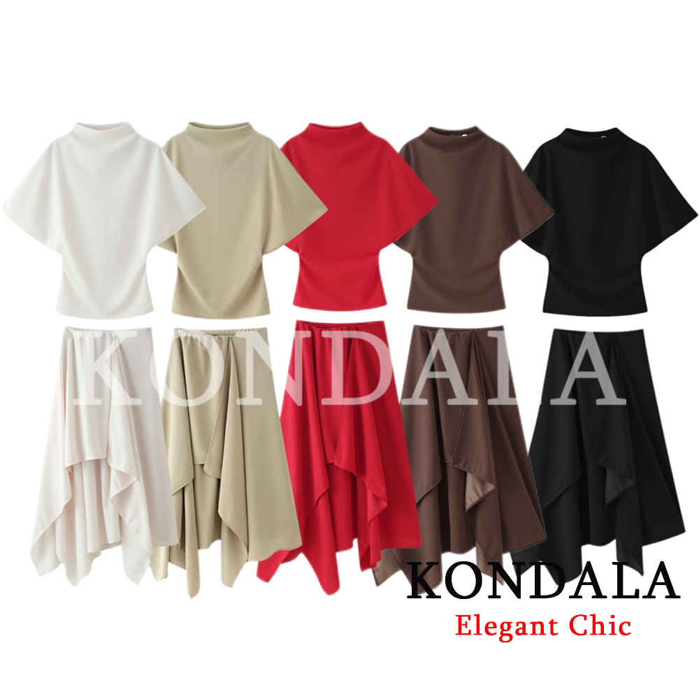 Ensemble jupe tendance KONDALA pour femme : haut à col semi-montant et jupe asymétrique – Nouvelle collection Printemps-Été 2026 pour la plage et les vacances