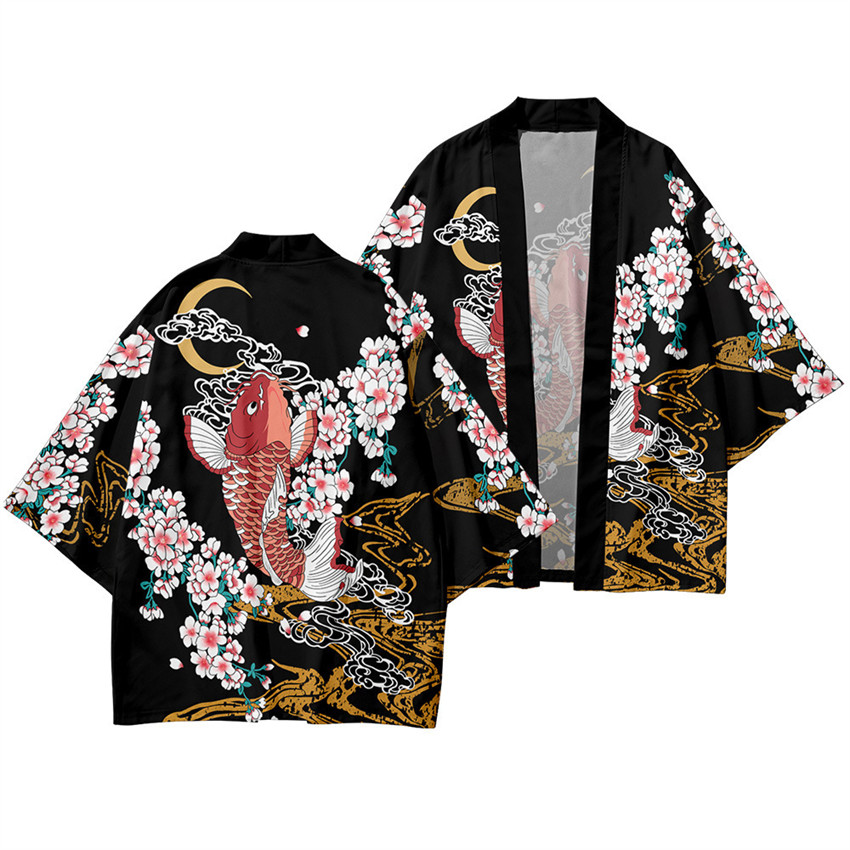 Kimono japonais pour enfants de 3 à 14 ans, Costume traditionnel pour garçons et filles, imprimé carpe ondulée, veste Cardigan Haori, vêtements de plage pour enfants, cape