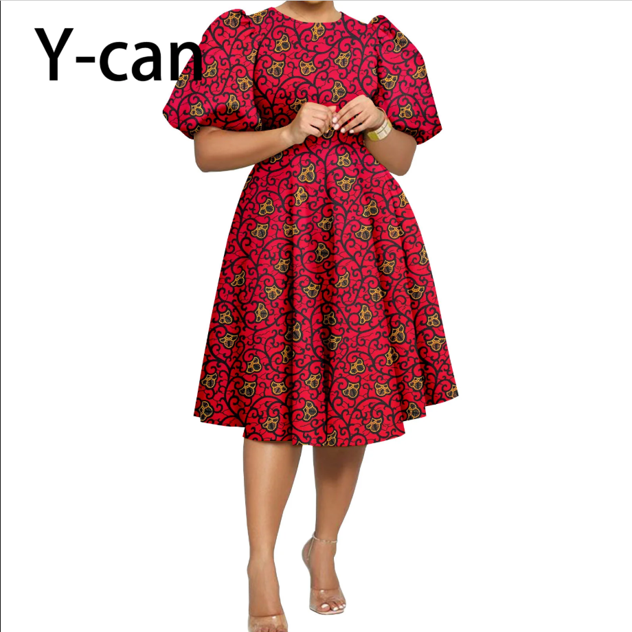 Vêtements Africains pour Femmes, Robe, Jupe, Manches Courtes, Bulle, Souffler le Genou, Mode Décontractée, Bazin, Riche, Ankara, Y2325085