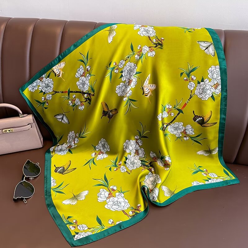 Foulard carré en soie tendance pour femme, bandeau imprimé fleurs, châle en satin, écharpe, bandeau pour cheveux, bandana, hijab pour femme