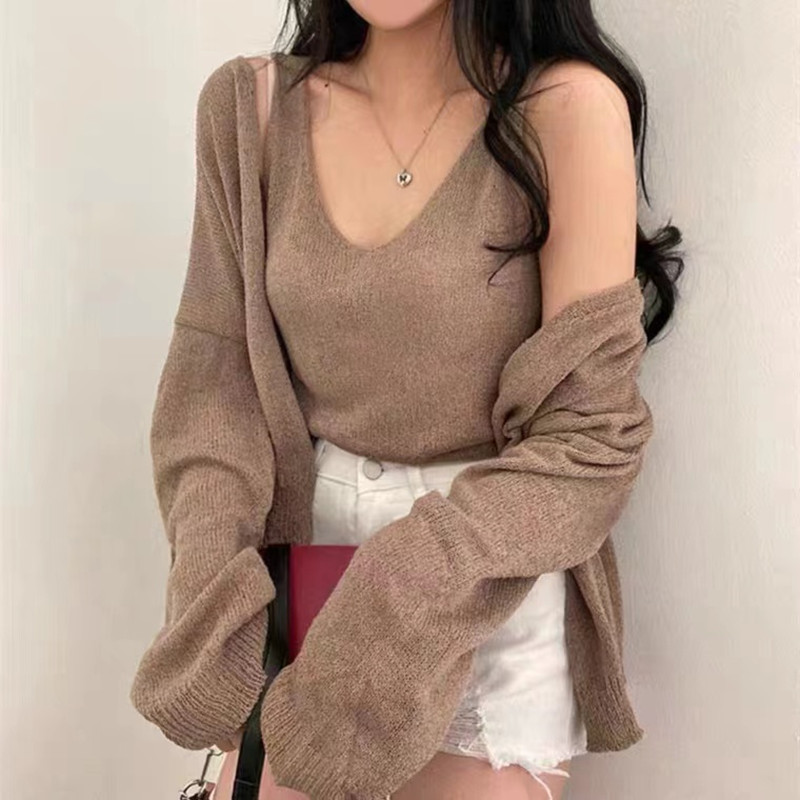 Débardeur à col en V pour femmes, chemise de protection solaire, ensembles de sucirculation, cardigan décontracté, manteau féminin, mode coréenne, 2 pièces