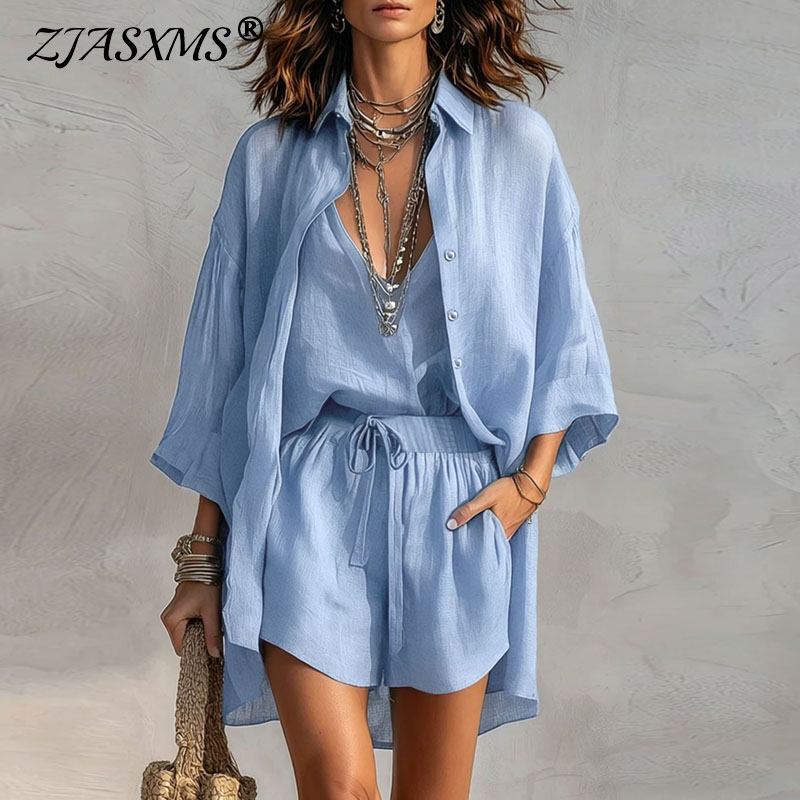 Ensemble 3 pièces bohème uni pour femme : chemise col en V + débardeur sans manches + short taille haute, tenue décontractée d'été pour la plage et les vacances avec poches