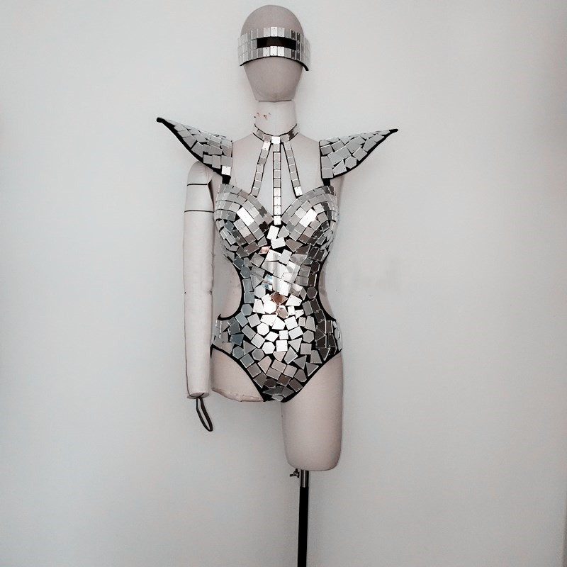 Costume de batterie miroir pour femme, costume de danse, or, argent, paillettes, mouche initiée, tenue de rave évidée, vêtements de performance sur scène, GKnitting Show