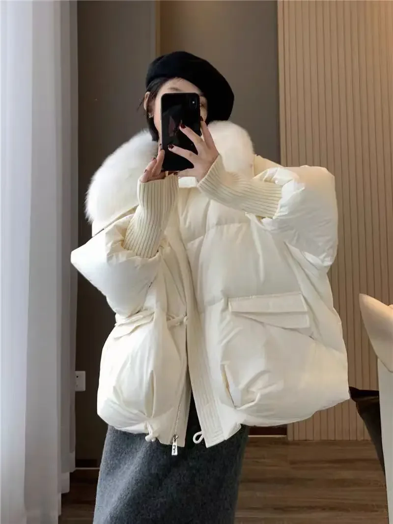 Femmes hiver nouveau col de fourrure bouffant vers le bas Parka ample vers le bas plus chaud épaissir veste de neige poche fermeture éclair fausse fourrure vêtements d'extérieur femme