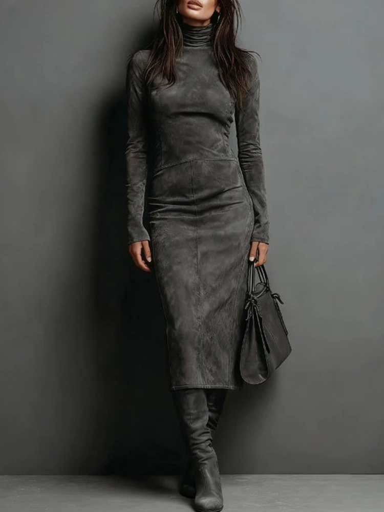 Robe pour femme élégante et ajustée, style rétro américain, manches longues, col roulé, en daim, vintage, unie, automne-printemps, longueur midi