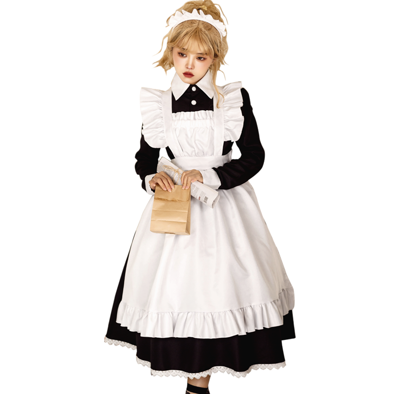 Robe de demoiselle d'honneur Lolita, uniforme noir Kawaii, costume de nounou, pour femmes, adolescentes, filles, tenue de serveuse britannique Kodona avec tablier