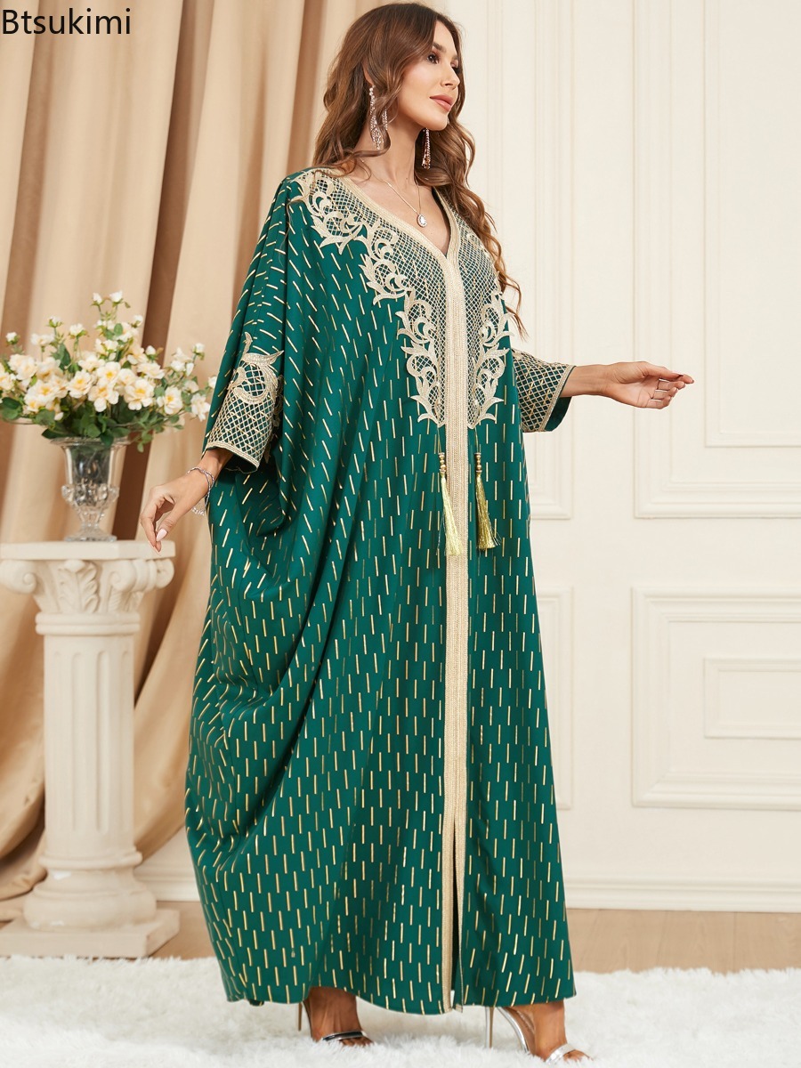 Robes Musulmanes Élégantes pour Femmes, Longue Robe Ample Style Moyen-Orient Dubaï, Abaya à Manches Chauve-Souris, Col en V, Robe de Soirée à Paillettes, Robe de Fête Femme
