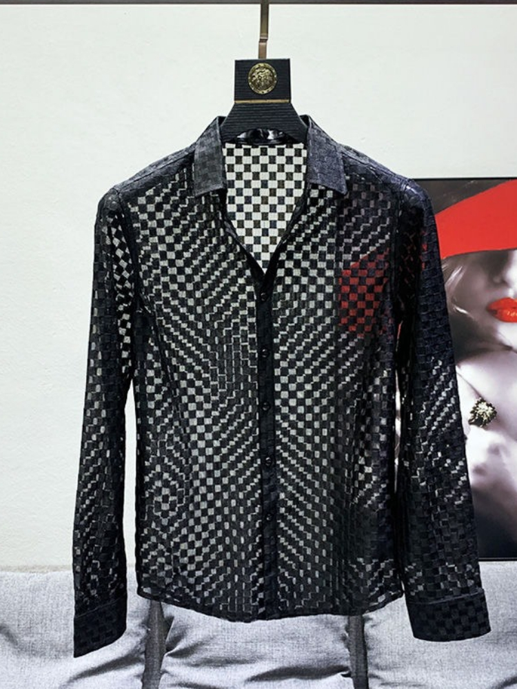 Chemises noires et blanches pour hommes, chemises à manches longues, Design transparent, fine, ajourée, à carreaux, maille fine, dessus respirants, tendance de la mode