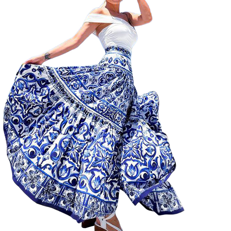 Femmes jupe jupes longues une ligne imprimé fleuri taille haute Y2k Streetwear Maxi décontracté ample plissé élégant plage fête plage 2025