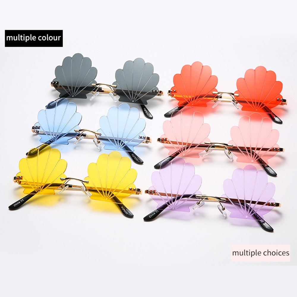 Lunettes de soleil sans monture en forme de coquille, lunettes de soleil en métal pour accessoires photo, nuances de lentilles d'océan, forme de fleur unique, mignon, mode, fête