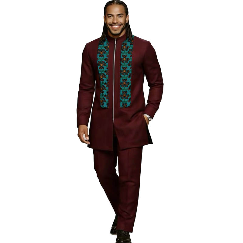 Costume bordeaux élastique pour homme, ensemble de couture africaine, haut à manches longues avec pantalon, costume de scène de mode nigériane