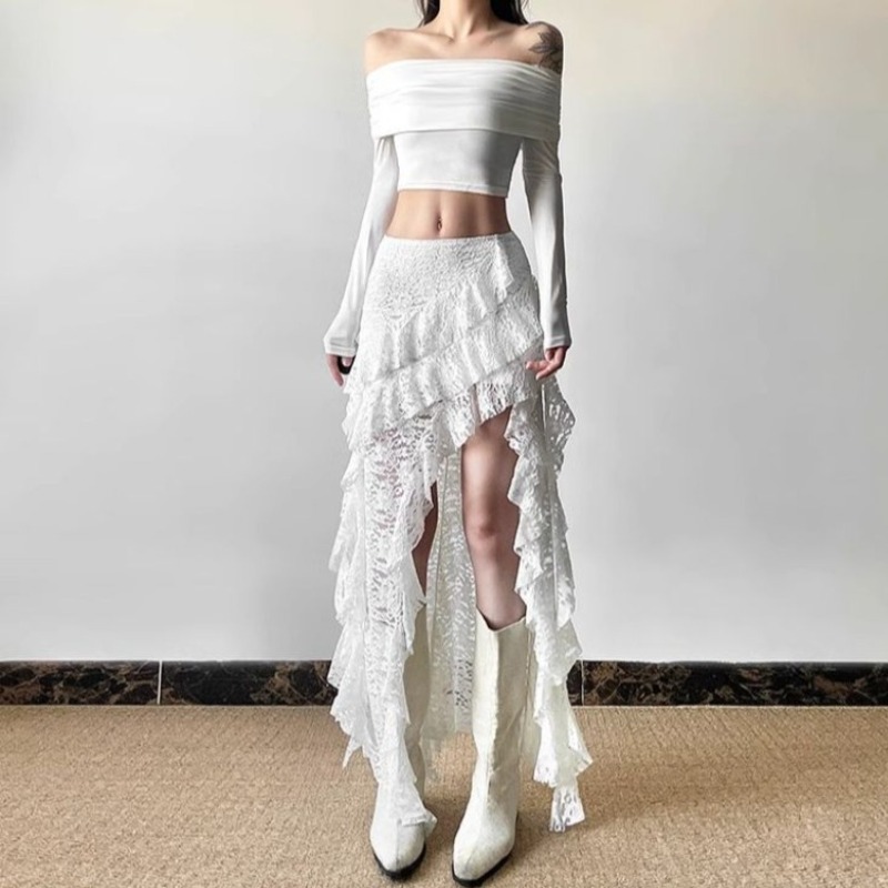 Jupe gothique années 2000, vêtements d'été pour femmes, Gyaru Kpop, Streetwear, dentelle, taille haute, décontractée, esthétique, longue, Hip Hop