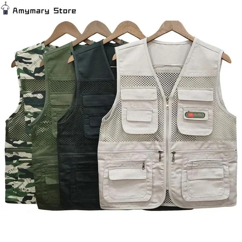 Gilet d'été fin pour hommes, manteau en maille de couleur unie, gilet multi-poches respirant, voyage Camping pêche photographie travail gilet haut