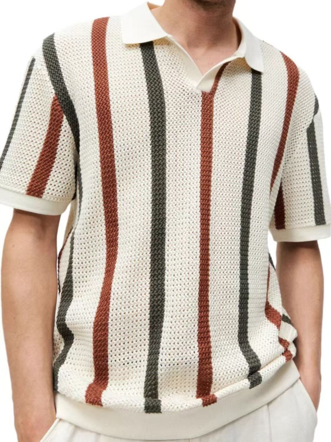 Chemises tricotées kaki ajourées pour hommes et femmes, Polo rayé contrasté, t-shirt d'affaires ample à manches courtes, été 2025