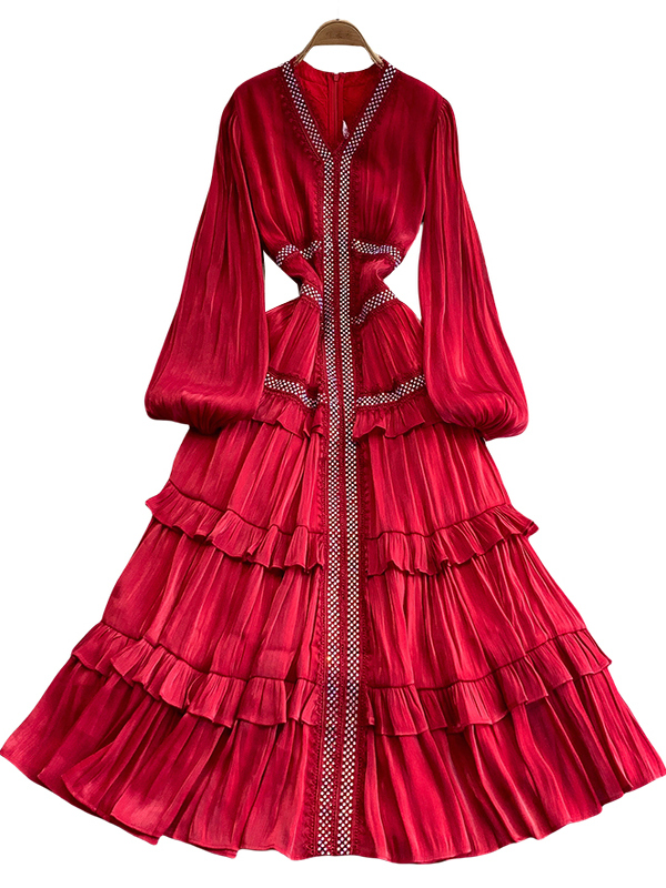 Neploe exquise français Vintage dentelle Ropa Mujer dentelle Patchwork col en V lanterne manches robe avancée brillante soie volants robes