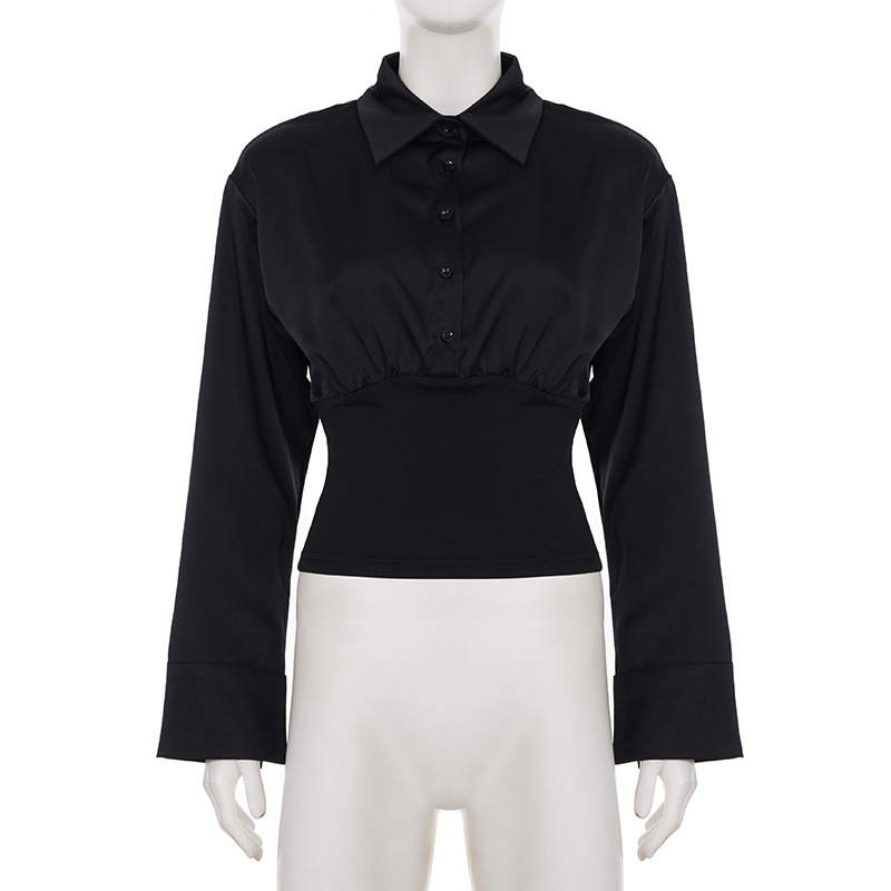 T-shirt élégant à col chemise et boutonnage sur la taille pour femme, nouvelle mode 2026, haut ajusté à manches longues