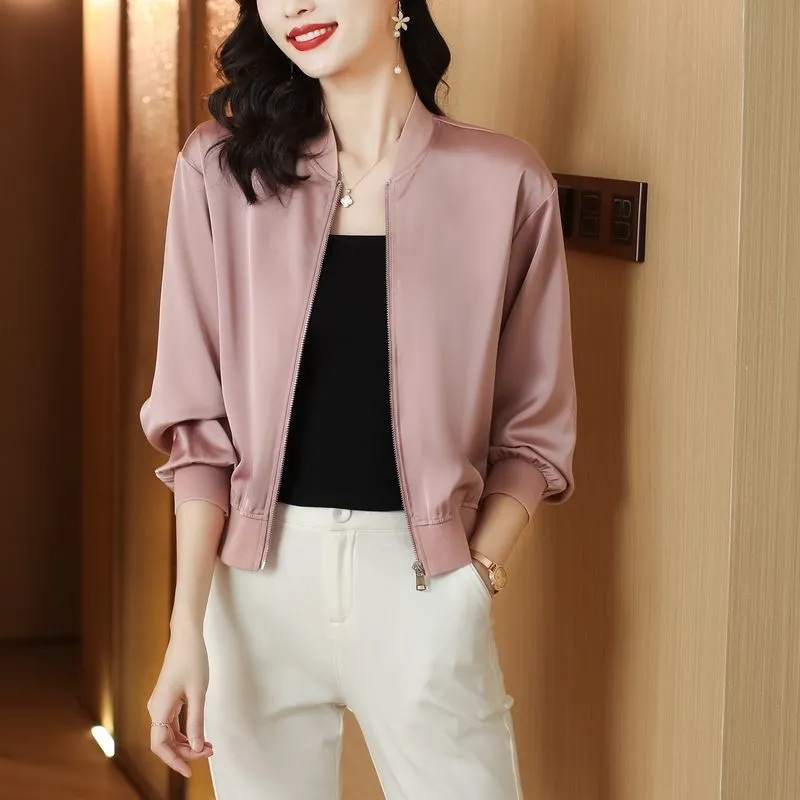 Manteau court en soie pour femmes, col de Baseball lisse, veste courte printemps/été, chemise de protection solaire, haut à manches longues avec fermeture éclair, à la mode, 2025
