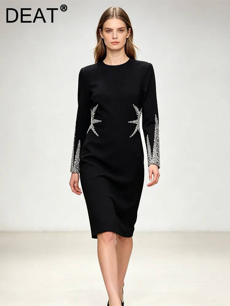 DEAT 2026 Nouvelle Robe de Soirée Formelle Élégante avec Perles et Diamants, Robe Pull Slim Taille Haute pour Femme Vestido