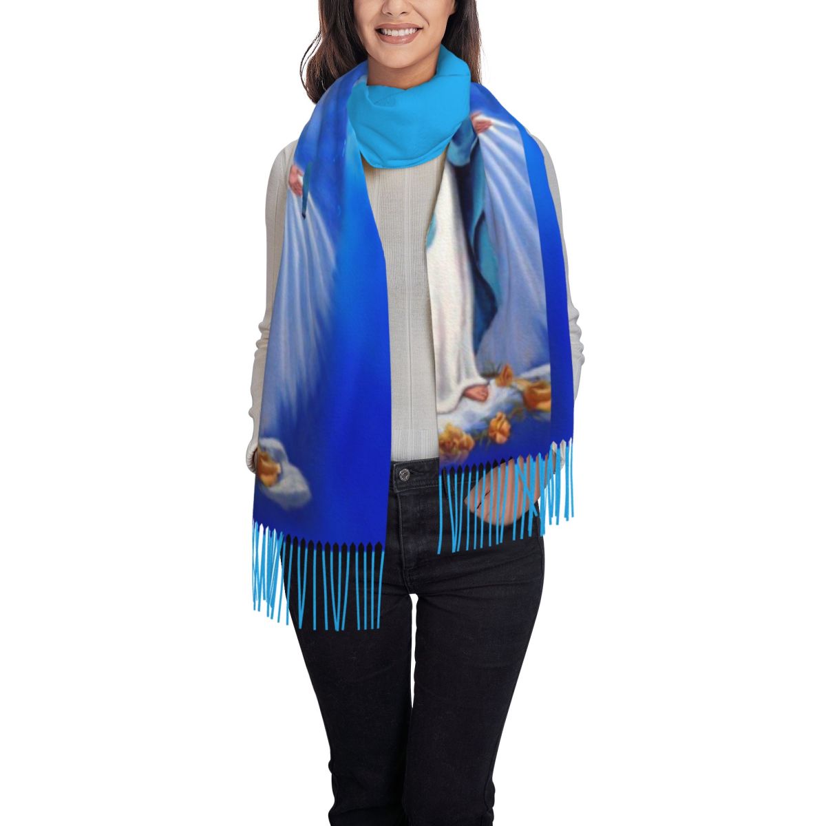 Écharpe à Pompon Vierge Marie Catholique Personnalisée pour Femme, Châle Doux de Notre Dame de Fatima, Foulards d'Hiver Ronds pour Dames