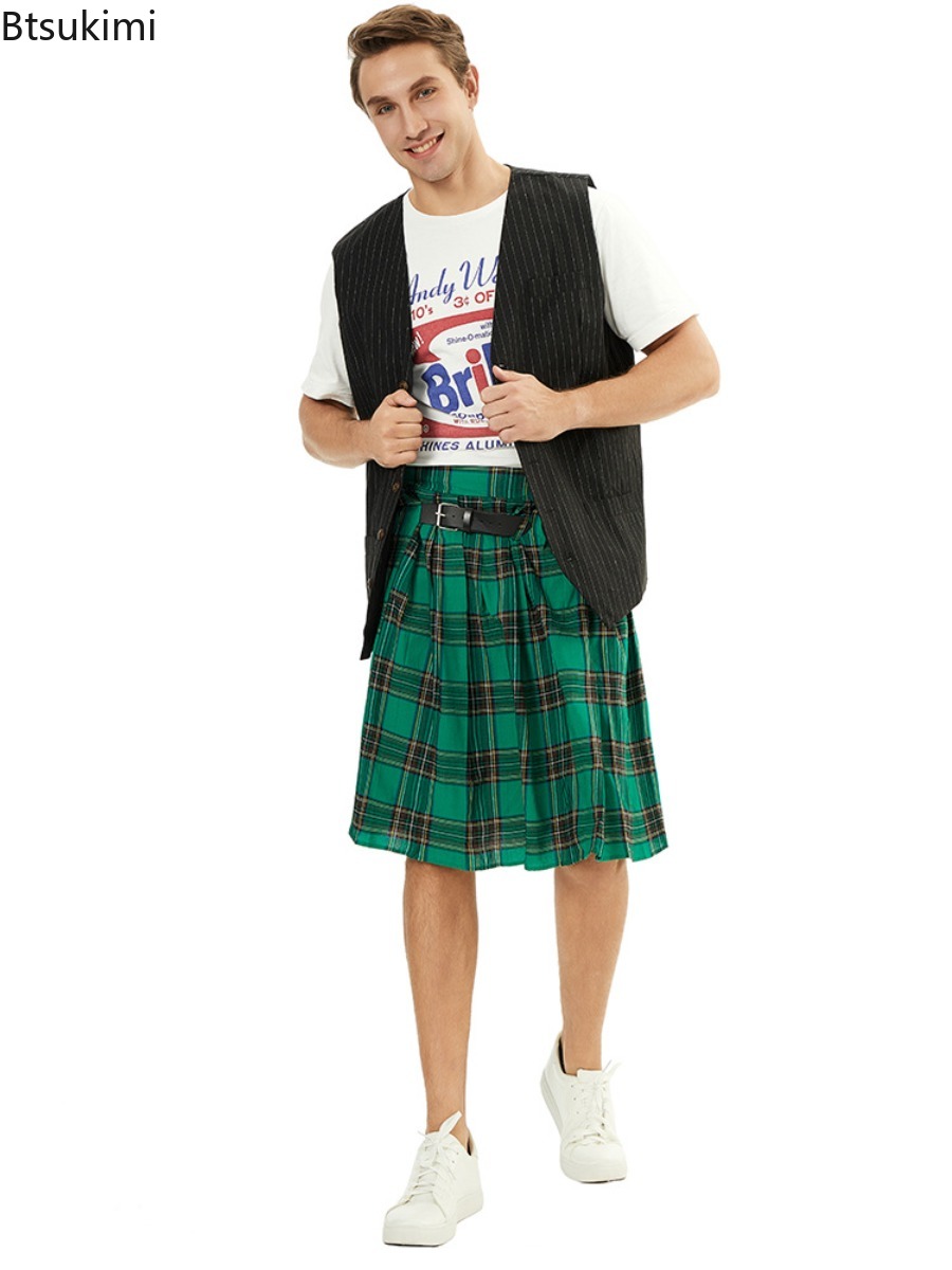 Kilt traditionnel écossais pour homme avec ceinture bilatérale, tartan des Highlands, plissé, pantalon-jupe gothique punk hip-hop avant-garde pour homme